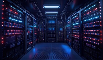 Obraz premium Battery Energy Storage System for Renewable Energy with Lithium Modules in Modern Server Room