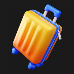 Cheerful yellow 3d cartoon suitcase, vector illustration.
