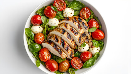 Salad with chicken, mozzarella and cherry tomatoes. Top view