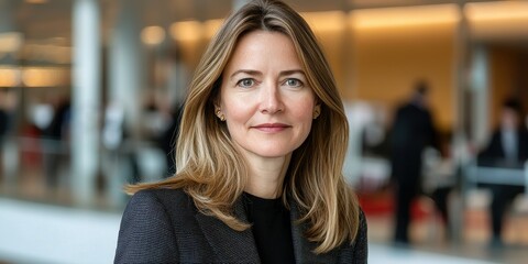 A confident business professional with long, light brown hair stands in a modern corporate setting, engaging with clients during a bustling conference