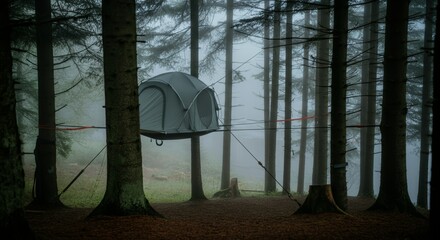 Elevated tree tent hammock in misty forest with tall trees on a foggy morning. Sustainable travel, eco-tourism