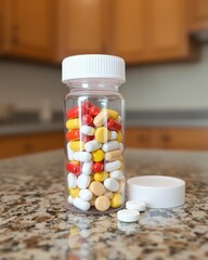 Clear Pill Bottle with Colorful Capsules on Granite Countertop