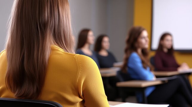 Group of young women attentively listening in a classroom setting with a bright yellow wall backdrop