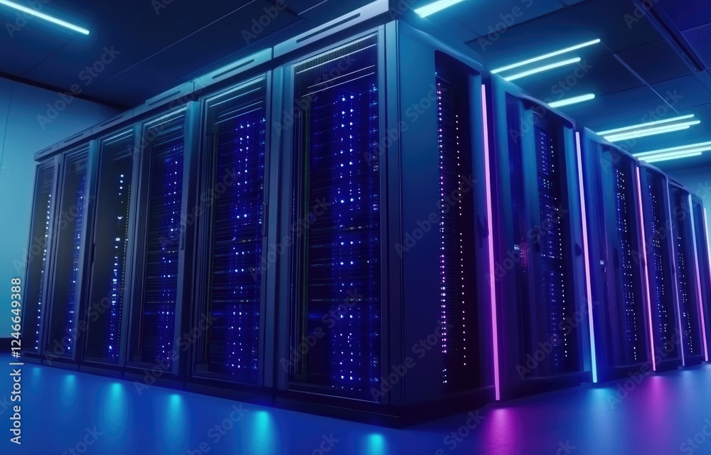 Poster A modern server room illuminated with blue and purple lights, highlighting advanced server racks and efficient data storage systems. Ideal for tech, IT, and innovation themes