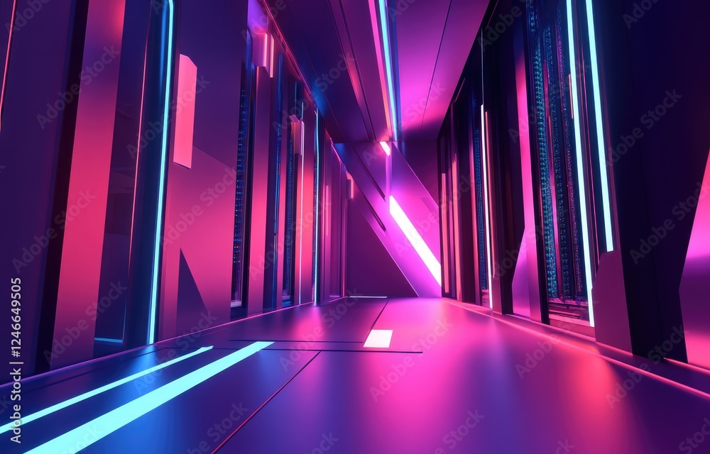 Poster a futuristic server corridor with magenta and cyan lighting reflecting on sleek metallic surfaces. i