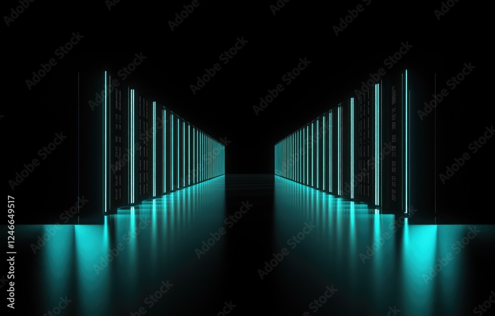 Poster a symmetrical futuristic server corridor illuminated with cyan lights, set against a dark background
