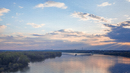 Calm river with a boat floating on it