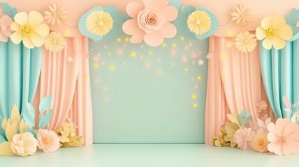 Pastel cute decoration stage kindergarten Colorful backdrop with flowers and curtains.