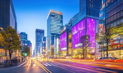 Naklejka premium Tokyo street at dusk with blurred car lights, modern buildings, vibrant signage