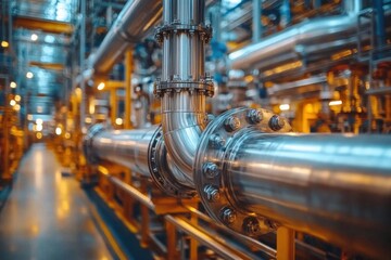 pipelines and industrial racks in a sprawling petrochemical facility showcasing the complexity of modern manufacturing with sleek metallic structures against the backdrop of machinery
