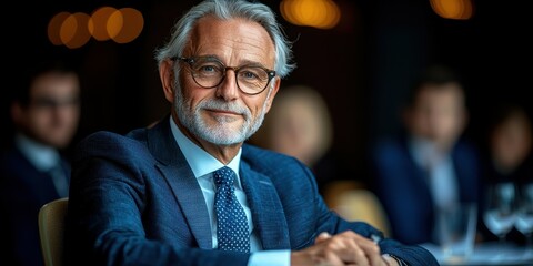 A distinguished gentleman with silver hair and glasses sits at a formal dinner table, engaging with attendees in an elegant venue during twilight. The ambiance is warm and inviting