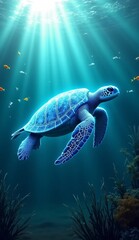 Obraz premium Majestic Sea Turtle Swimming Under Bright Sunlight in Ocean Water