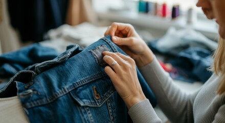 Woman sewing a patch onto an old denim jacket, giving it new life instead of discarding it. Sustainable fashion and upcycling.