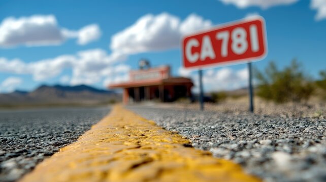 Close-up of road with CA 781 sign, desert landscape