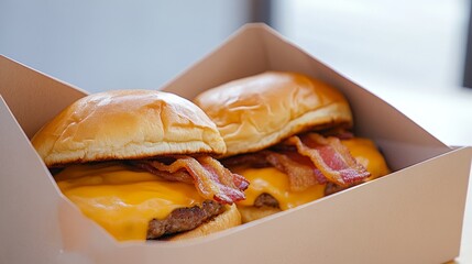 Two delicious cheeseburgers with crispy bacon in a takeout box, ready to be enjoyed indoors