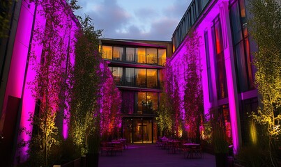 Vibrant courtyard with purple lights, outdoor seating, evening ambiance, ideal for travel and hospitality
