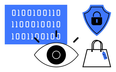 Binary code, blue shield with lock, eye focusing, shopping bag with tag. Ideal for cybersecurity, data privacy, surveillance, e-commerce security, online shopping encryption cyber awareness