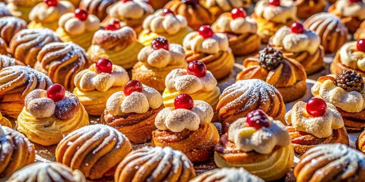 Aerial View of Italian Zeppole Pastry Displayed Outdoors at a Festival
