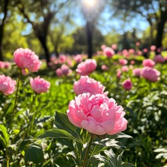 Obraz premium Pink park flowers bask in the sun.