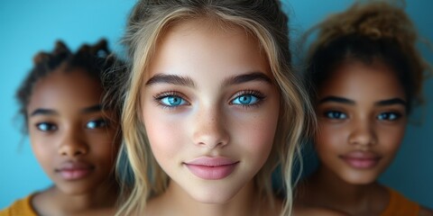 Fototapeta premium Three girls stand together, showcasing their captivating blue eyes and unique hairstyles against a soft blue backdrop. Their expressions convey confidence and warmth