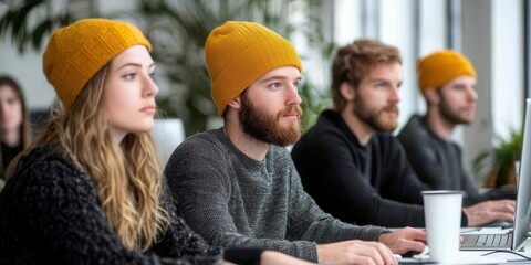 A group of four young adults wearing yellow beanies focuses on their laptops in a bright, contemporary workspace. They are participating in a collaborative coding session