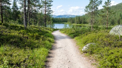 Fototapeta premium Hiking trail by serene lake, mountain view, summer