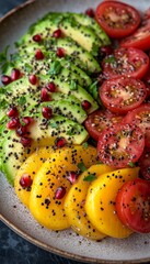 Vibrant Summer Salad Bowl Avocado, Tomatoes, Sweet Potatoes, and Pomegranate Seeds., Close Up