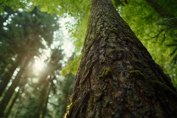 Fototapeta premium A close-up view of a tree trunk surrounded by lush greenery, with sunlight filtering through the forest canopy, creating a serene and peaceful atmosphere.