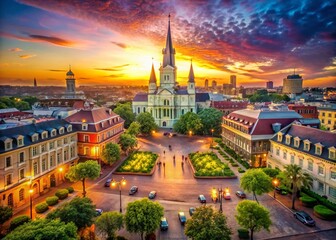 Naklejka premium Aerial View of New Orleans French Quarter & Jackson Square - 19th Century Architecture, Bokeh Effect