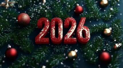 Christmas Background, 2026, Red Numbers Decorated with Snowflakes on a Fir Background