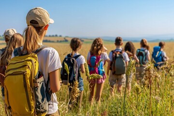 Fototapeta premium A group of hikers walking through a sunny field, enjoying nature and adventure on a clear day.