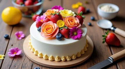 Delightful Decorated Cake Topped With Fresh Flowers and Fruits on Wooden Table