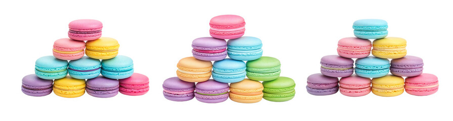 Obraz premium Colorful Macarons Stacked on White Background, Delicious Pastries, and Elegant Dessert Stacks