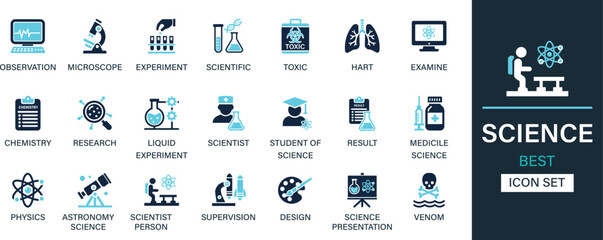 Science best solid icon set collection. Observation, microscope, experiment, scientific, toxic, hart, physics, astronomy, supervision, design and solid icon set. 