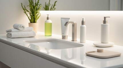Fototapeta premium Modern Bathroom Countertop Showcasing Organized Skincare Products and Towel