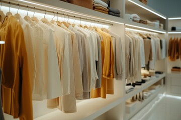 Obraz premium A stylish clothing display featuring a range of soft-colored garments, neatly hung under warm lighting in a modern retail space.