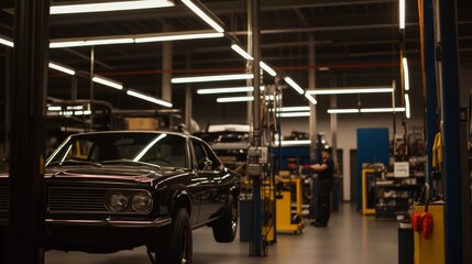 Fototapeta premium Classic car being serviced in a modern automotive workshop with tools and equipment visible