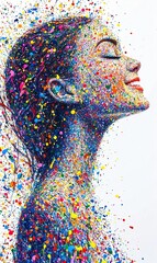 Obraz premium Woman with colorful paint splatters, expressing joy and freedom on white background