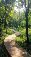 Fototapeta premium Serene Long Winding Path Through Sunlit Forest Surrounded by Lush Greenery and Tranquil Nature