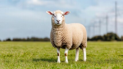 Naklejka premium Adorable Sheep Standing on a Sunny Green Field with Blue Sky Background