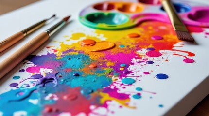 Obraz premium Colorful Paint Splatters Create Vibrant Patterns on Canvas With Brushes Nearby