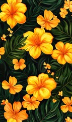 Yellow hibiscus & orchids on dark tropical leaves. Seamless floral pattern for fabric, wallpaper, or wrapping