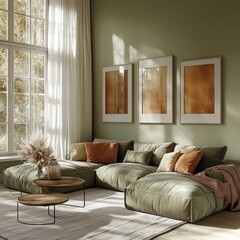 Modern living room interior design cozy space with olive green sectional sofa and warm earthy tones