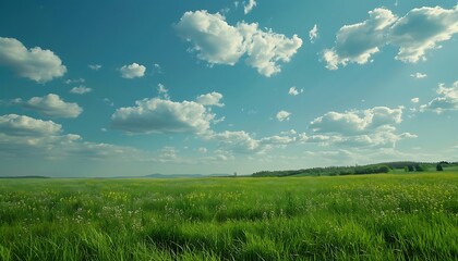 Fototapeta premium field of green grass and blue sky with white clouds, nature background
