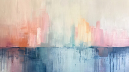 Naklejka premium Misty Abstract Reflections on the Water Painting with Impressionistic Brushstrokes and Pastel Cityscape Hues