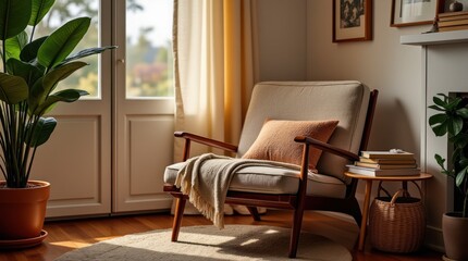 Fototapeta premium Cozy Reading Nook With Warm Lighting and a Stack of Books Nearby