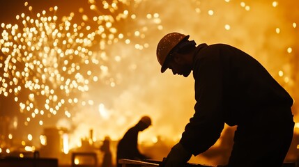 Worker in silhouette at a metal workshop surrounded by sparks and fiery background during night