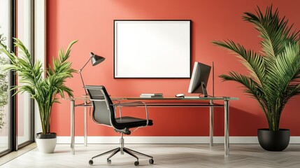 Modern Office Interior with Minimalist Desk and Blank Frame on Vibrant Red Wall Featuring Lush Green Plants