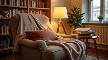 Cozy Reading Nook With Warm Lighting and a Pile of Books on the Side