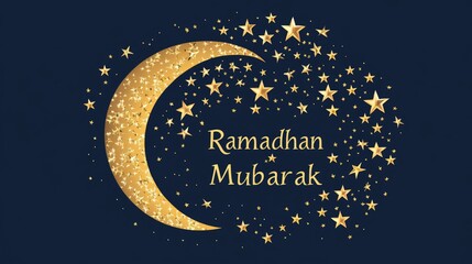 Naklejka premium Eid Mubarak! Festive Eid al-Fitr illustration with golden stars in a crescent moon on a dark blue background, text 